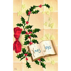 Vintage Postcard Christmas Joys Xmas Open Book Red Bow and Holly